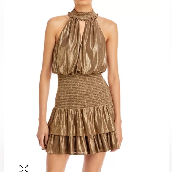 AQUA Metallic Lamé Mini Dress Sleeveless Smocked Ruffle Size Small - Picture 12 of 14